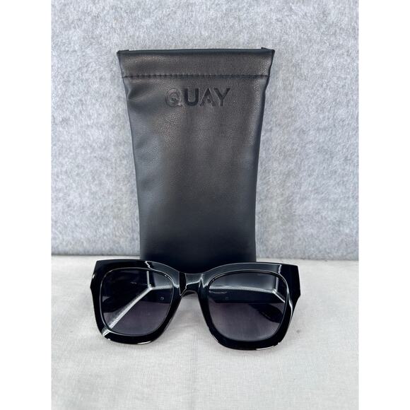 Quay By The Way Black Oversized Sunglasses cat Eye Silver Accent - Picture 1 of 9